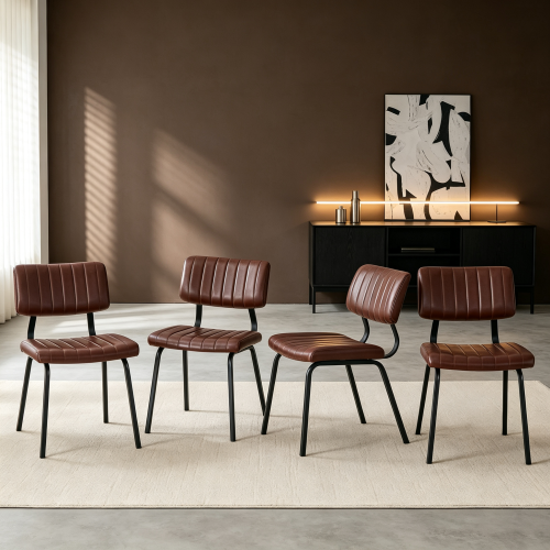 Channel Tufted Faux Leather Dining Chairs with Metal Legs, Set of 2, Brown
