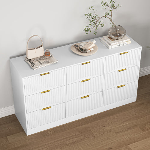 White 9 Drawer Dresser, 63" Large Deep Chest of Drawers, Wooden Dresser Storage Cabinet with 9 Drawers for Bedroom, Long Dressers for Living Room, Hallway, Drawer panel with wavy patterns