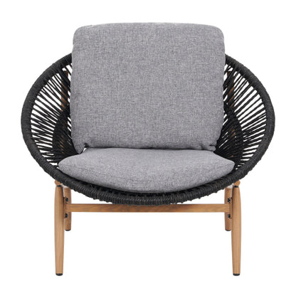 Cyril Outdoor Wicker Papasan Style Lounge Chair, Dark Grey Wicker with Grey Cushion, Set of 2