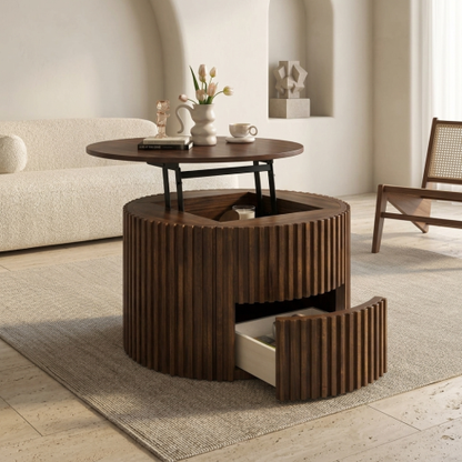 Round Lift Top Fluted Coffee Table, Solid Wood & MDF Accent Table with Hidden Storage Drawer