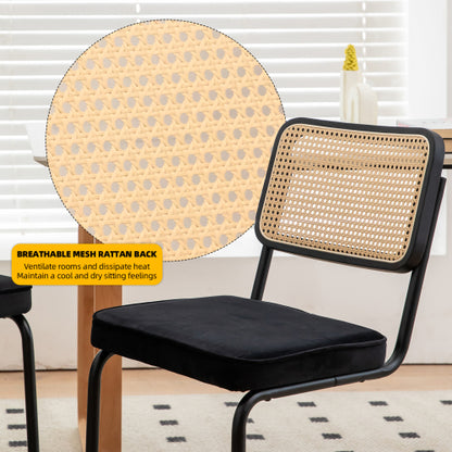 Set of 2 Black Velvet Rattan Cantilever Dining Chairs, Chrome Tubular Steel Breuer Stackable Side Chairs