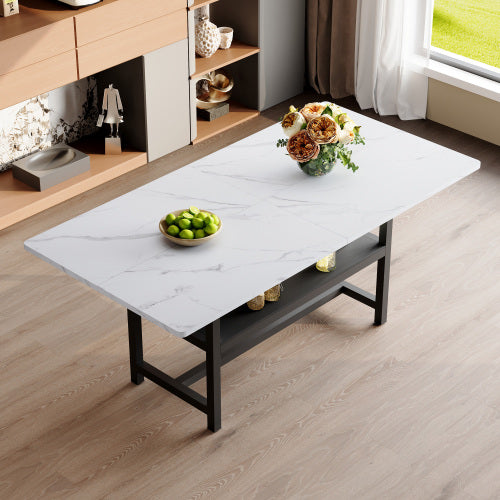 71-Inch White Wood Grain Dining Table with Storage Shelf