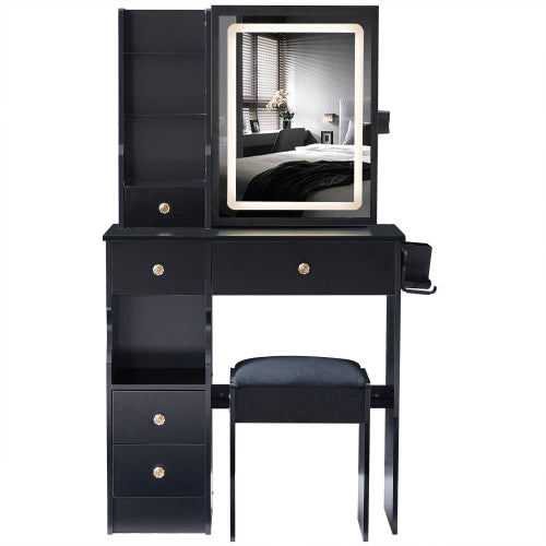 29.2" Small Size Left Drawer Desktop Vanity Table + Cushioned Stool, 2 AC+2 USB Power Station, Hair dryer bracket, Extra Large Touch Control Sliding LED Mirror, Tri-color Switching, Brightness Adjust