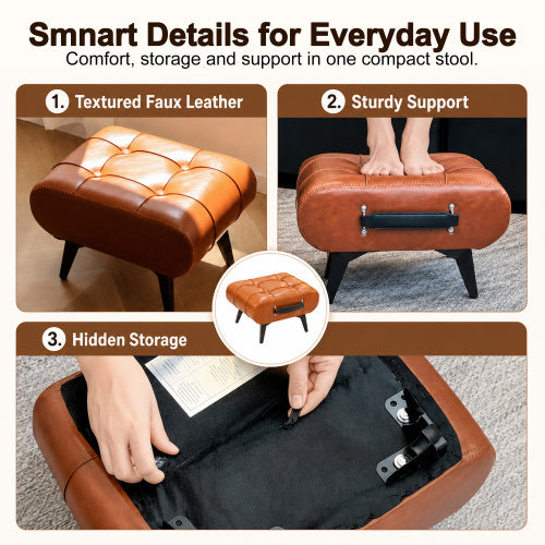 Rectangular Tufted Faux Leather Storage Ottoman with Portable Handle & Metal Legs, Multi-Function Foot Stool for Bedroom