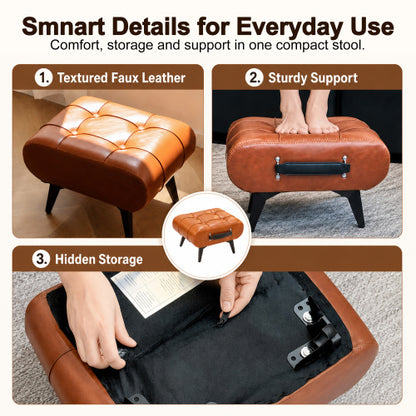 Rectangular Tufted Faux Leather Storage Ottoman with Portable Handle & Metal Legs, Multi-Function Foot Stool for Bedroom