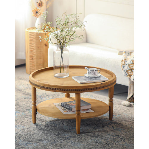 31.3inch  Round Boho 2-Tier Coffee Table, Beaded Trim & Curved Solid Wood Legs, Rustic Accent Table