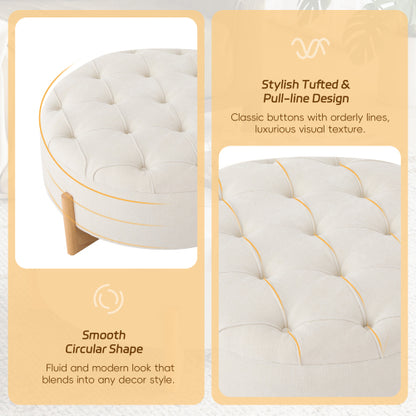 Beige Round Chenille Tufted Ottoman, 32 Inch Button Tuft Footrest with L-Shaped Rubberwood Legs, 250 LBS Capacity