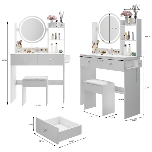 White 17 inch  Round LED Vanity Table + Cushion Stool, 2 AC + 2 USB, Touch Switch, 3 Colors, Large Desktop