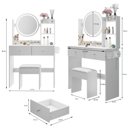 White 17 inch  Round LED Vanity Table + Cushion Stool, 2 AC + 2 USB, Touch Switch, 3 Colors, Large Desktop