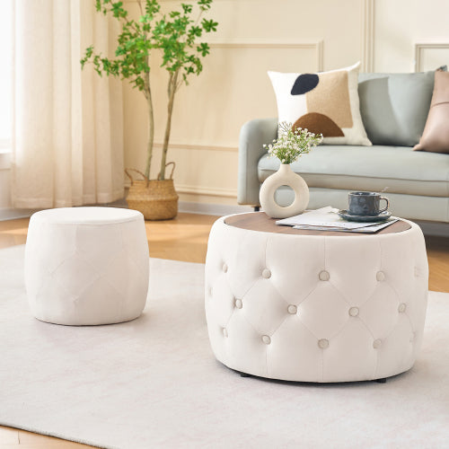 Beige 2-Piece Velvet Nesting Storage Ottoman Set, 4-in-1 Round Foot Stool with Wood Tray, Fully Assembled