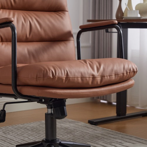 Office Chair,Mid Back Home Office Desk Task Chair with Wheels and Arms Ergonomic PU Leather Computer Rolling Swivel Chair with Padded Armrest,The back of the chair can recline 40°(Brown)