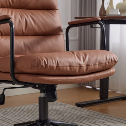 Office Chair,Mid Back Home Office Desk Task Chair with Wheels and Arms Ergonomic PU Leather Computer Rolling Swivel Chair with Padded Armrest,The back of the chair can recline 40°(Brown)