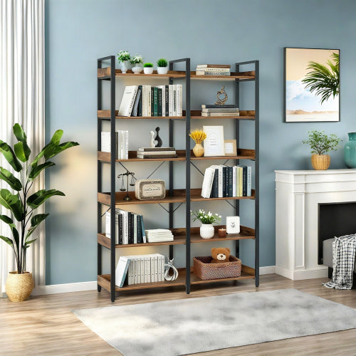 67 Inch 6 Tier Industrial Wooden Open Bookshelf Metal Frame Home Display Rack