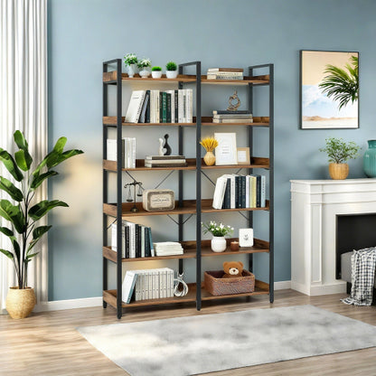 67 Inch 6 Tier Industrial Wooden Open Bookshelf Metal Frame Home Display Rack