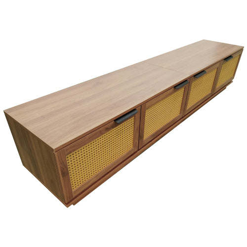 78.74 inch Walnut 4 Door PE Rattan Legless TV Stand Large Hidden Storage Media Console For 85 inch TV