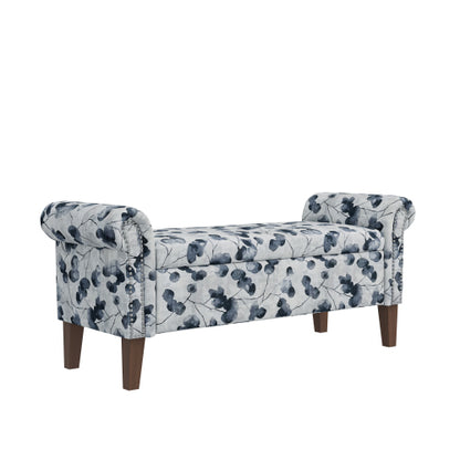 Traditional Rolled Arm Storage Bench Ottoman with Pewter Nailhead Trim in Black Floral with Dark Brown Solid Wood Legs