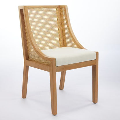 Single Beige Rattan Dining Chair, Solid Wood Frame with Decorative Armrest, Linen Upholstered Seat, Rustic Side Chair for Kitchen & Living Room