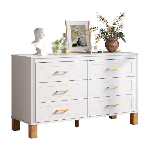 White 6 Drawer Double Dresser Modern Storage Cabinet with Metal Handles Solid Wood Legs