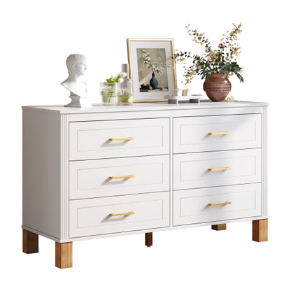 White 6 Drawer Double Dresser Modern Storage Cabinet with Metal Handles Solid Wood Legs