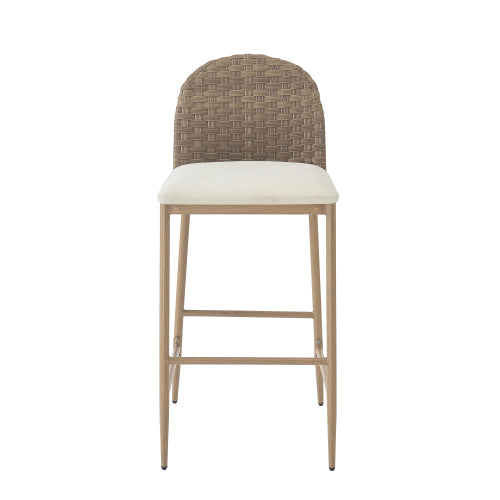 29.5inch Farmhouse Barstools Set of 2,Upholstered  Armless Iron Counter Stools with rattan Backrest for Kitchen Dining Island Table,Brown+Beige