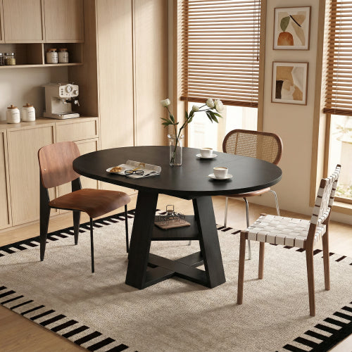 Extendable Round Dining Table for 4-8, Modern Oval Kitchen Table with Storage Shelf, Black