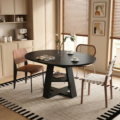Extendable Round Dining Table for 4-8, Modern Oval Kitchen Table with Storage Shelf, Black