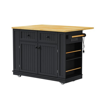 48inch Kitchen Island with 2 Bar Stools, Power Outlet, Internal Storage Rack, Kitchen Storage Cart on 5 Wheels with Drop Leaf, 5 Open Side Racks, Drawers, Black (Old SKU N707S000015B)(Three Packages)