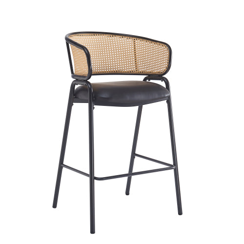 Indoor Metal Upholstered Barstool, Faux Leather Seat With Wowen Rattan Decorated Backrest, Set of 2