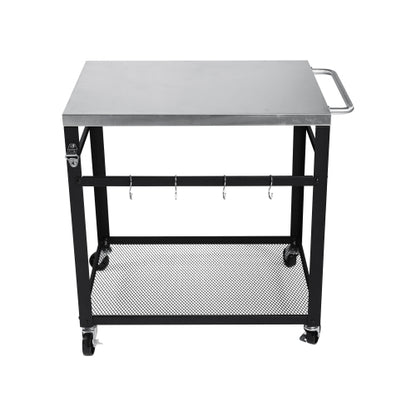 2-Tier Outdoor Grill Cart with Stainless Steel Top, Locking Wheels & Tool Hooks, Movable BBQ Prep Table with Mesh Shelf, Rolling Serving Bar Cart for Patio, Backyard, Pizza Oven Stand, Black