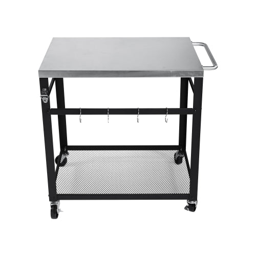 2-Tier Outdoor Grill Cart with Stainless Steel Top, Locking Wheels & Tool Hooks, Movable BBQ Prep Table with Mesh Shelf, Rolling Serving Bar Cart for Patio, Backyard, Pizza Oven Stand, Black