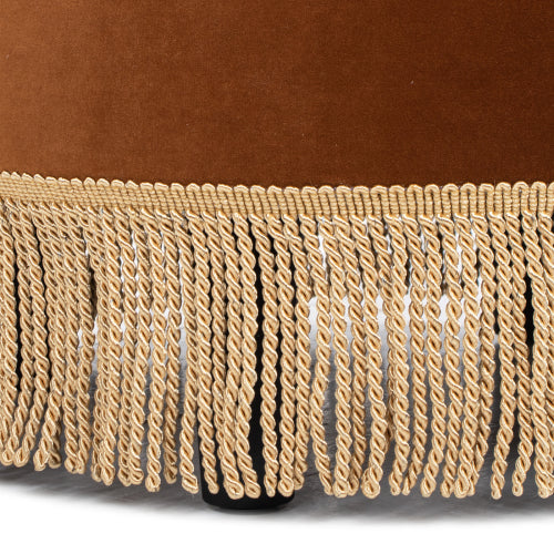 24 inch Burnt Orange Performance Velvet Round Ottoman, Vintage Fringe Accent Stool, Handcrafted Hardwood Frame
