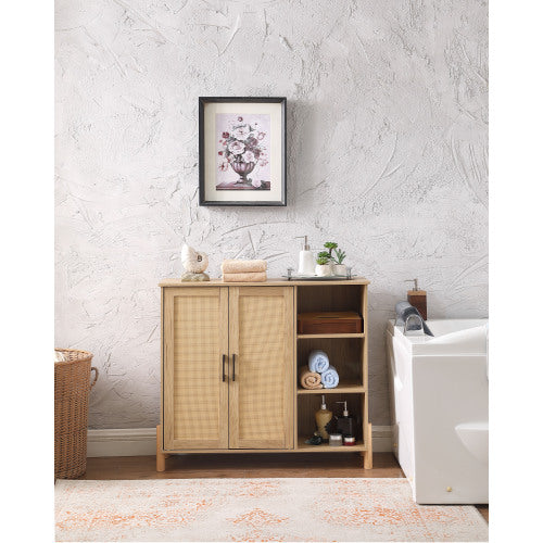 Mid Century Rattan Storage Cabinet with Open Shelves