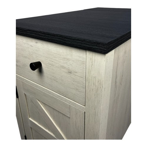 Farmhouse End Table Bedside Table with Charging Station,Night Stand with Barn Door and Drawer, Storage for Bedroom Living Room ,Bedside Table,  White+Black color