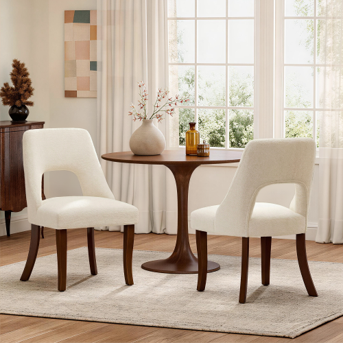Set of 2 Beige Tufted Chenille Dining Chairs, Curved Rubberwood Legs 300lbs Capacity Space Saving Compact Design