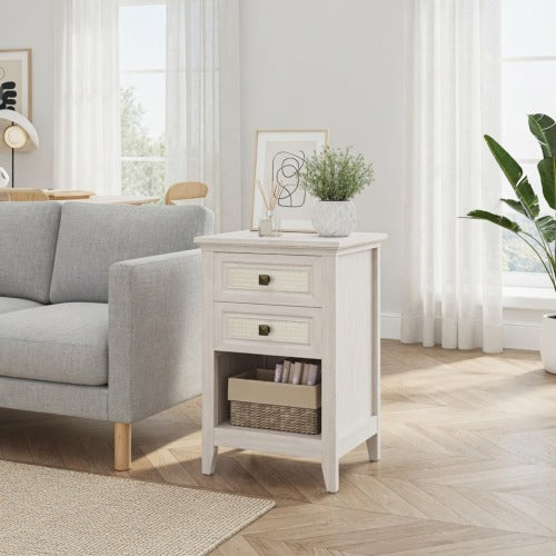 Set of 2 White Rattan Boho Nightstands