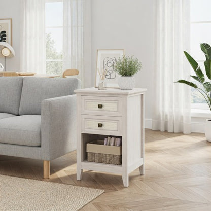 Set of 2 White Rattan Boho Nightstands