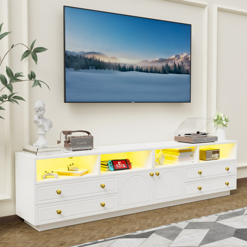 White High Gloss TV Stand for 100 Inch Wall TV with RGB LED Lights & Multi Storage