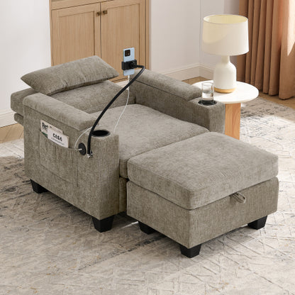 Brown Manual Recliner Single Sofa,USB Port,Cup Holders,Storage Ottoman