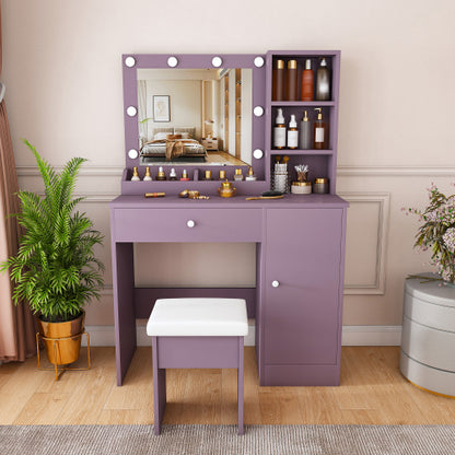 Purple Vanity Desk Set with Padded Stool & Adjustable Lighted Mirror, 8 Round Bulbs, 3 Color Modes, Modern Bedroom
