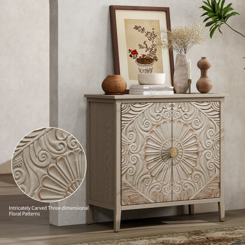 American Style 2-Door Wooden Storage Cabinet Relief Pattern Cabinet With Adjustable Layer Anti-Dumping Design