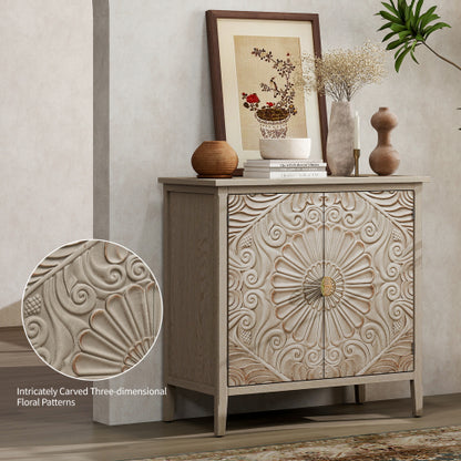 American Style 2-Door Wooden Storage Cabinet Relief Pattern Cabinet With Adjustable Layer Anti-Dumping Design