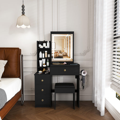 Contemporary Black Vanity Desk with LED Mirror, 4 Drawers & Open Storage, Outlet & Dryer Holder, Includes Dressing Chair
