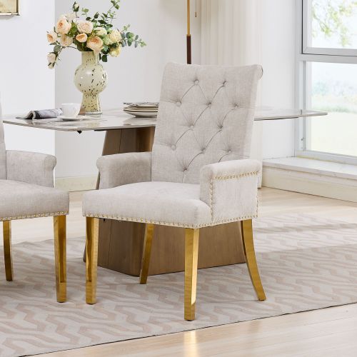 Single Beige Tufted High-Back Chenille Arm Dining Chair, Nailhead Trim, S-Spring Cushion, Polished Stainless Steel Legs