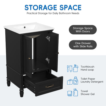 20" Bathroom Vanity with Sink, Bathroom Cabinet with Two Doors, Magnetic Door Stopper and Adiustable Foot Pads, A Drawer, Black