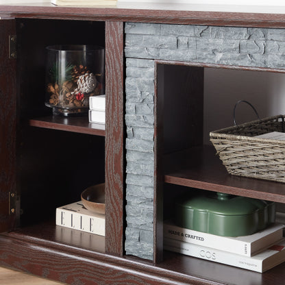 Modern 65 Inch TV Stand with Faux Stone Cabinet Cherry Media Console