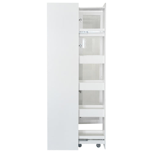 Kitchen Pantry Cabinet with Multi-Functional Pull-Out Multi-Tier Storage Shelf and Glass Doors