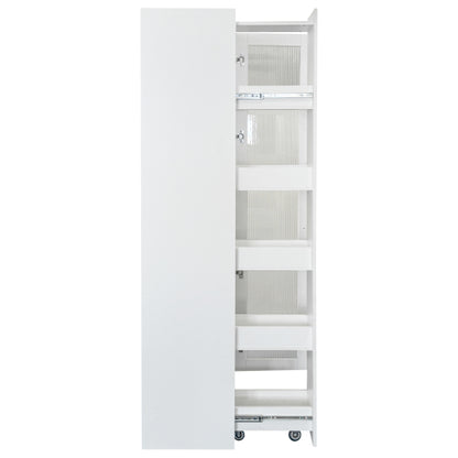 Kitchen Pantry Cabinet with Multi-Functional Pull-Out Multi-Tier Storage Shelf and Glass Doors