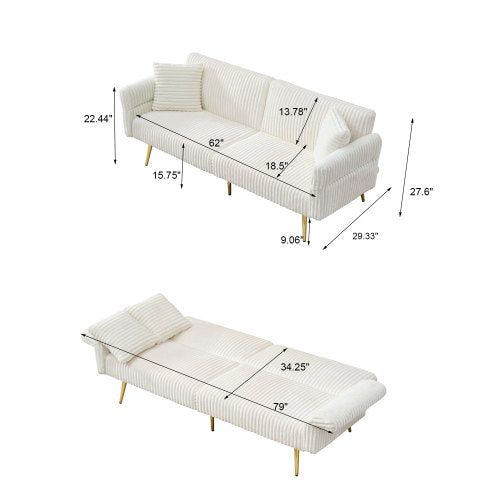 79 inch corduroy sofa bed, foldable double sofa bed with folding armrests, suitable for living rooms and small spaces