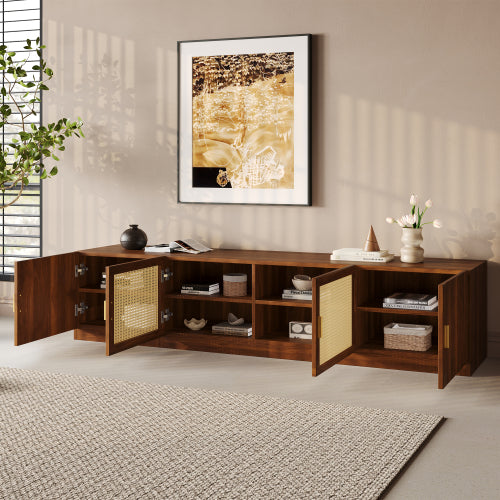 78.7 Inch Walnut TV Stand with Rattan Doors & Adjustable Shelves for 85 Inch TV