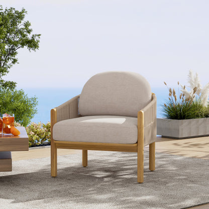 Grotta Outdoor Wood Club Chair, Beige Rope with Beige Cushion
